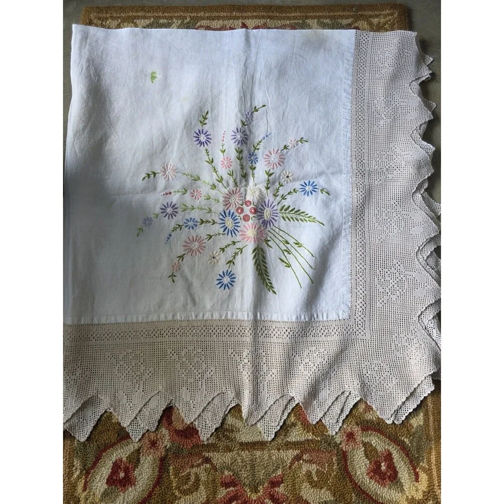 Antique Cross stitch Embroidered Crochet floral tablecloth Vintage Square 56x56